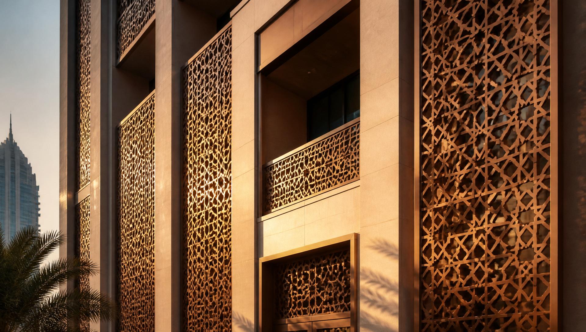 Modern GCC building facade with mashrabiya-inspired lattice