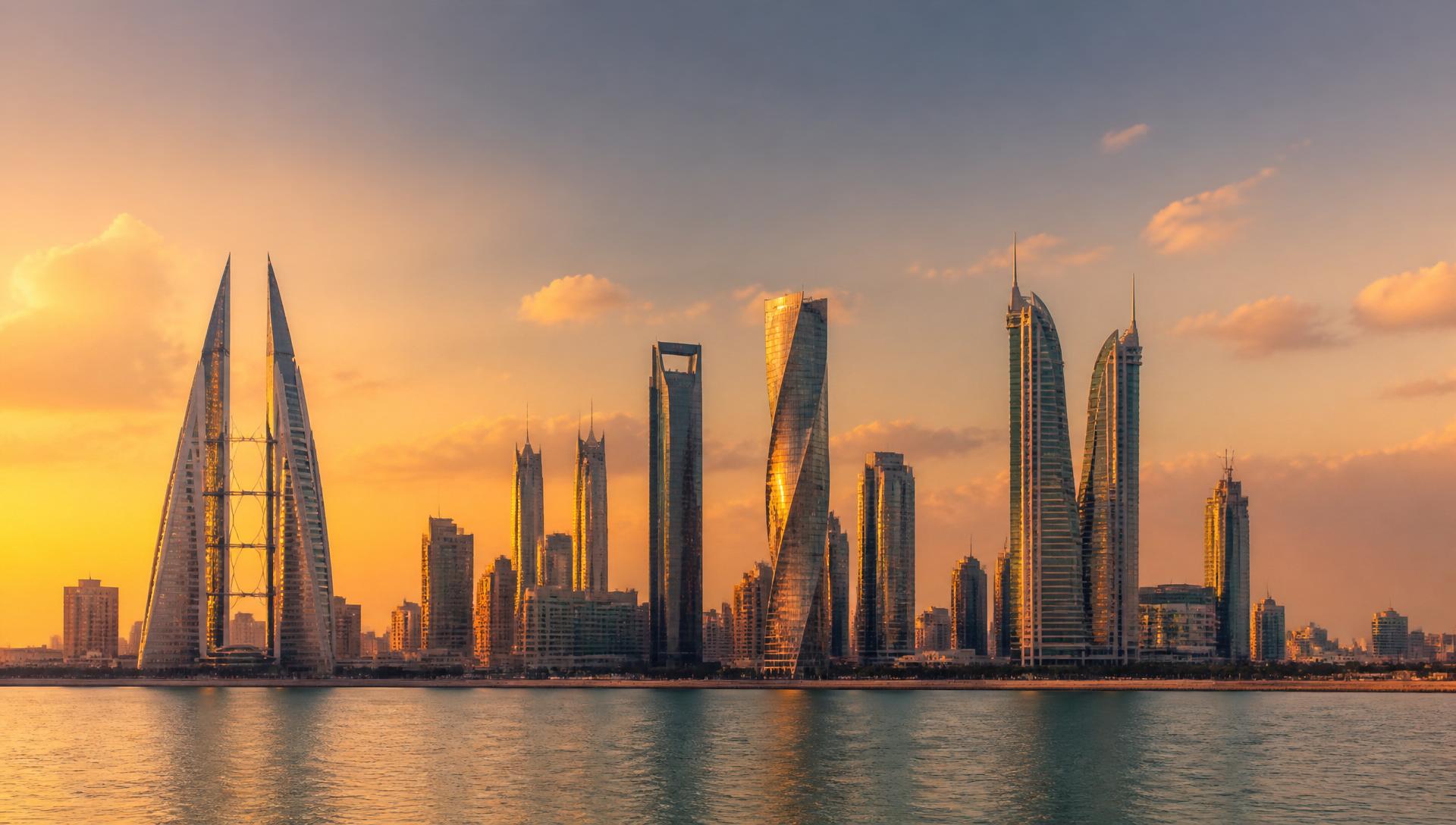 Gulf city skyline with modern towers at golden hour