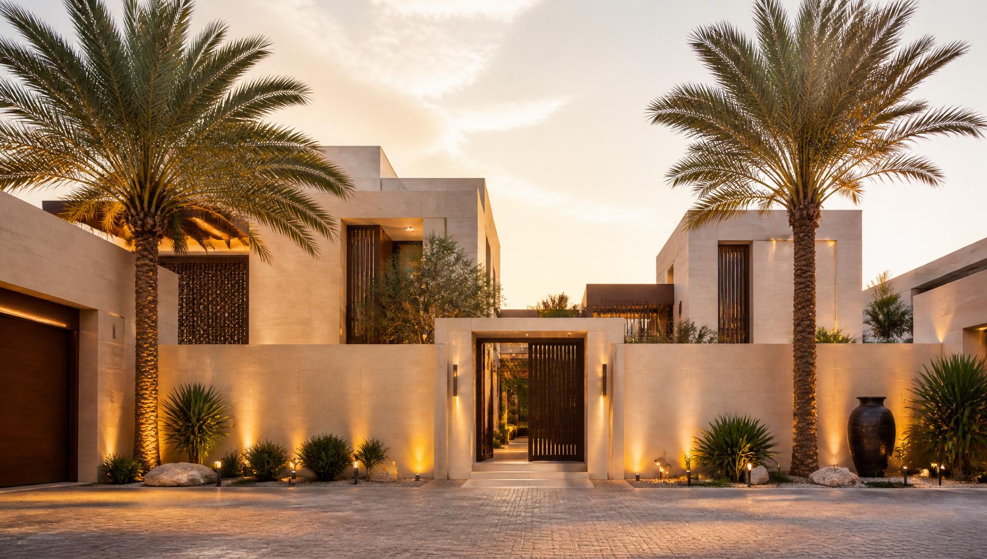 Modern GCC villa exterior at golden hour